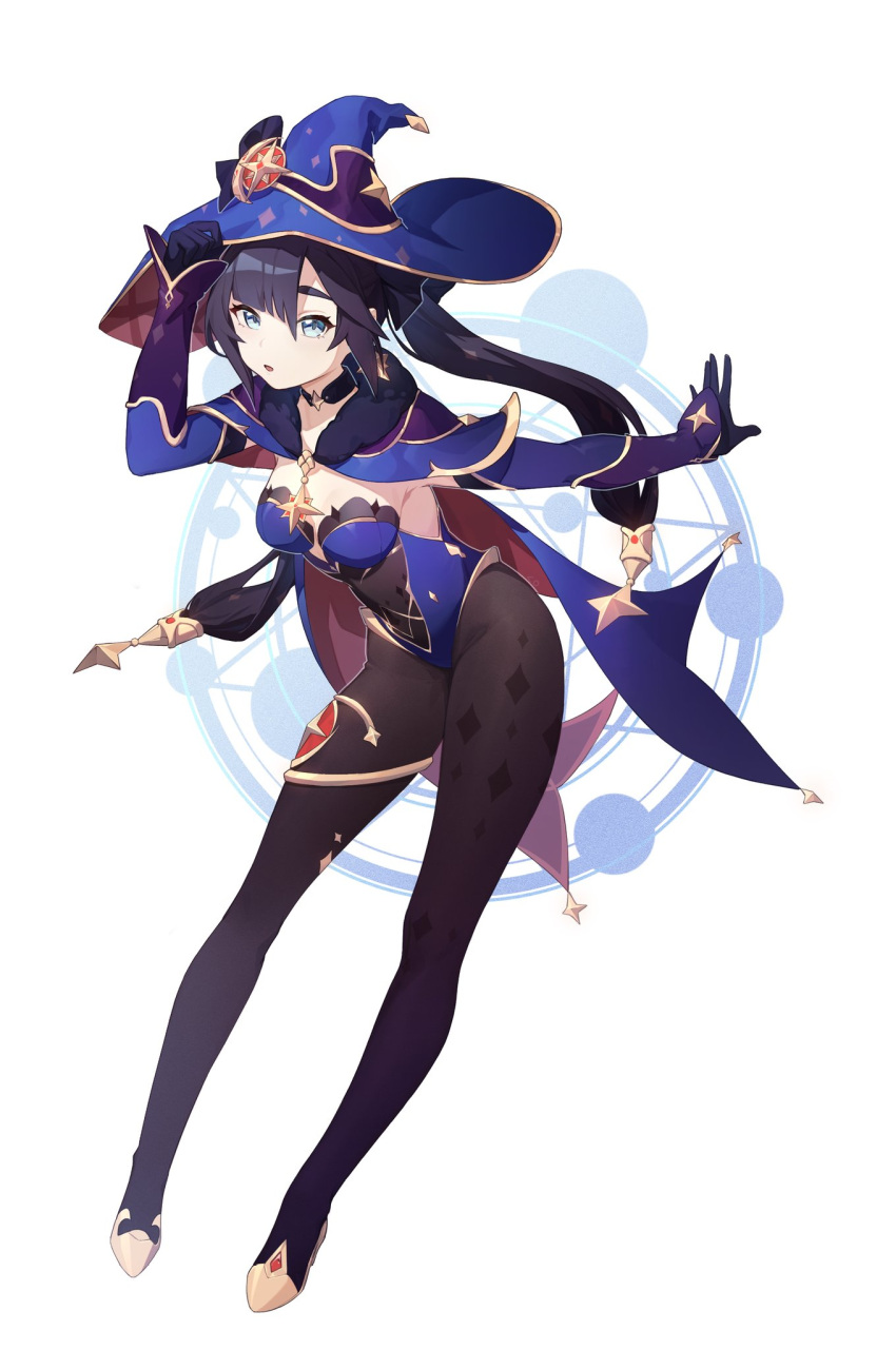 1girl black_gloves black_hair black_pantyhose blue_cape blue_eyes blue_headwear blue_leotard breasts cape detached_sleeves full_body genshin_impact gloves hand_up hat highres leotard long_hair long_sleeves medium_breasts mona_(genshin_impact) pantyhose simple_background solo strapless strapless_leotard thighs twintails very_long_hair white_background witch_hat xiaoyulinglinglinglingling