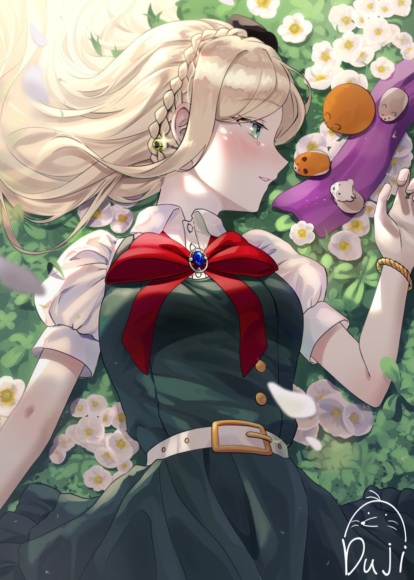 1girl absurdres animal belt black_bow blonde_hair bow bowtie bracelet braid breasts cham-p collared_shirt danganronpa_(series) danganronpa_2:_goodbye_despair dress dudeoji_(dotheg_ansoni) flower gem green_dress hair_bow hamster highres jewelry jum-p large_breasts long_hair lying maga-g on_back parted_lips profile puffy_short_sleeves puffy_sleeves red_bow red_bowtie shirt short_sleeves sonia_nevermind sun-d teeth white_belt white_shirt