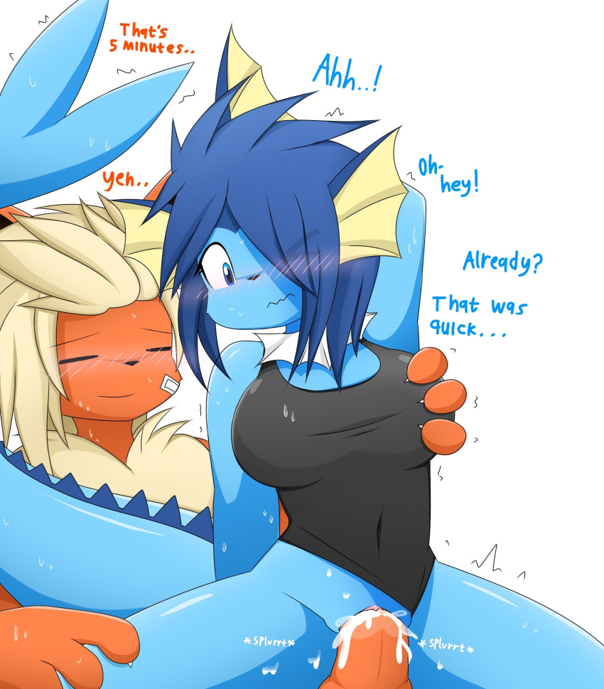 anthro blue_body blue_eyes blue_hair bodily_fluids bottomless breast_grab breasts clothed clothing cum cum_in_pussy cum_inside dialogue duo eeveelution female female_penetrated fin flareon from_behind_position fur generation_1_pokemon genital_fluids hair hand_on_breast hi_res looking_pleasured male male/female male_penetrating male_penetrating_female medium_breasts nakachidragon nintendo partially_clothed penetration penile penile_penetration pokemon pokemon_(species) red_body red_fur sex simple_background tail text vaginal vaginal_penetration vaporeon white_background