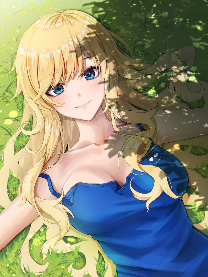 1girl absurdres alternate_costume blonde_hair blue_camisole blue_eyes blush breasts camisole collarbone daiko_(dai1974910) grass hair_spread_out highres idolmaster idolmaster_cinderella_girls large_breasts light_smile long_hair looking_at_viewer ohtsuki_yui on_ground outdoors outstretched_arms shade solo upper_body very_long_hair