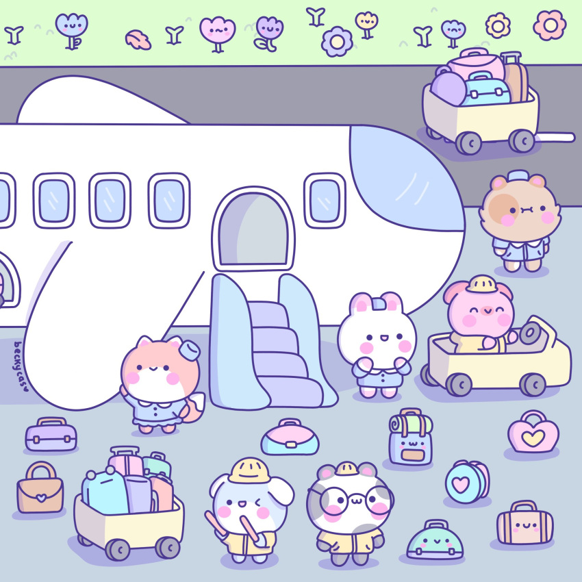 1other 2girls 3boys aircraft airplane airplane_wing animal_ears animate_object becky_cas chibi dog dog_ears flower fox fox_ears fox_girl fox_tail hamster hamster_ears heart highres multiple_boys multiple_girls on_vehicle original rabbit rabbit_ears rabbit_girl stain suitcase tail window