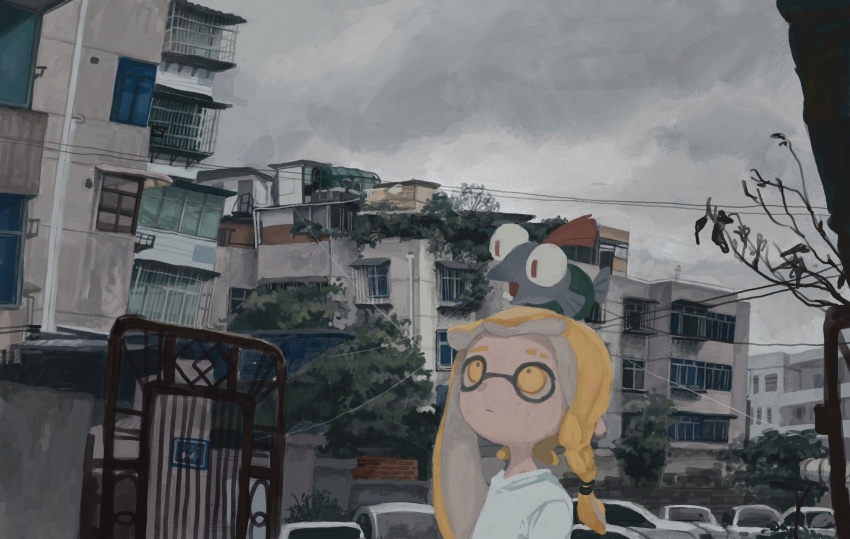 1girl agent_3_(splatoon_3) blonde_hair braid building city closed_mouth cloud cloudy_sky day dr_mice highres inkling inkling_girl little_buddy_(splatoon) long_hair motor_vehicle on_head outdoors salmonid shirt side_braid sky smallfry_(splatoon) splatoon_(series) splatoon_3 tree white_shirt yellow_eyes