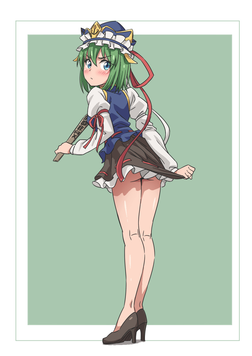 1girl absurdres ass black_footwear black_skirt blue_eyes blue_headwear blush closed_mouth clothes_pull commentary frilled_hat frills full_body green_background green_hair gyouza_(mhea5724) hat high_heels highres holding juliet_sleeves long_sleeves looking_at_viewer looking_back puffy_sleeves pulled_by_self ribbon-trimmed_skirt ribbon_trim rod_of_remorse shiki_eiki short_hair simple_background skirt skirt_pull solo standing touhou