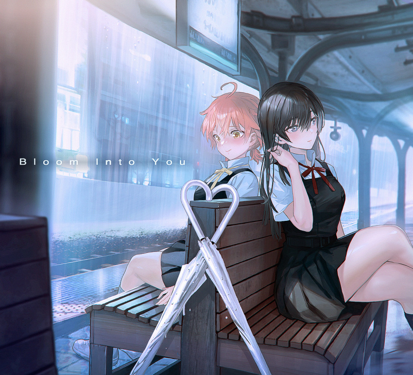 2girls ahoge back-to-back black_hair chair copyright_name crossed_legs hand_in_own_hair koito_yuu maeshima_shigeki multiple_girls nanami_touko orange_hair rain school_uniform sitting smile taking_shelter train_station umbrella yagate_kimi_ni_naru