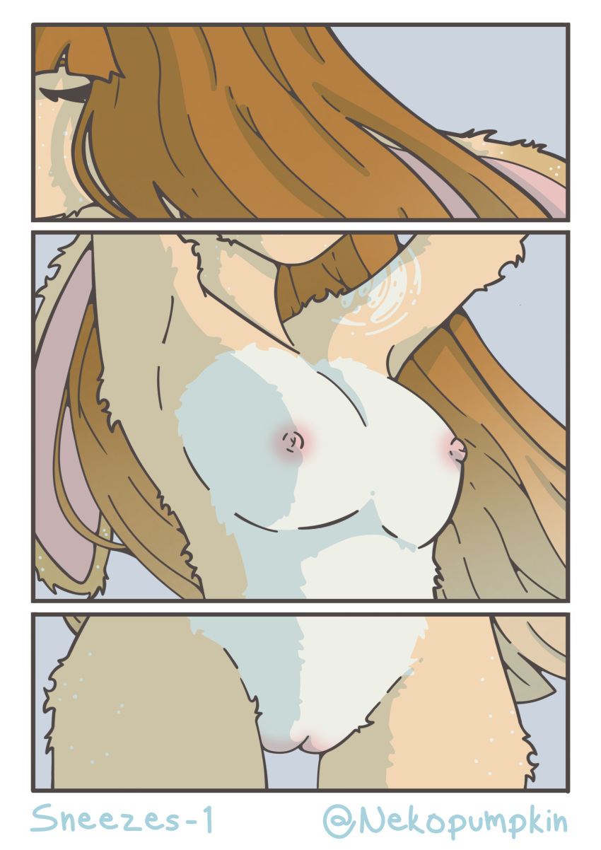 absurd_res anthro big_ears blush body_blush breasts brown_body brown_fur brown_hair comic eyes_closed female fur fur_markings genitals hair hi_res lagomorph latte_(nekopumpkin) leporid mammal markings multicolored_hair nekopumpkin nipples nude pink_nipples pussy pussy_blush rabbit raised_arms solo two_tone_hair