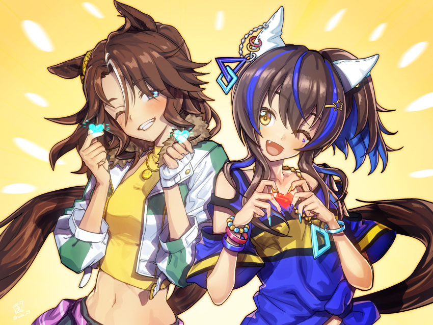 2girls ;d animal_ears black_hair blue_eyes blue_hair blue_nails blue_shirt brown_hair character_request commentary_request copyright_request crop_top fang grin heart highres horse_ears jacket long_hair long_sleeves looking_at_viewer midriff multicolored_hair multiple_girls nail_polish navel one_eye_closed open_mouth shiba_itsuki shirt smile stomach streaked_hair tail umamusume upper_body white_jacket yellow_background yellow_shirt