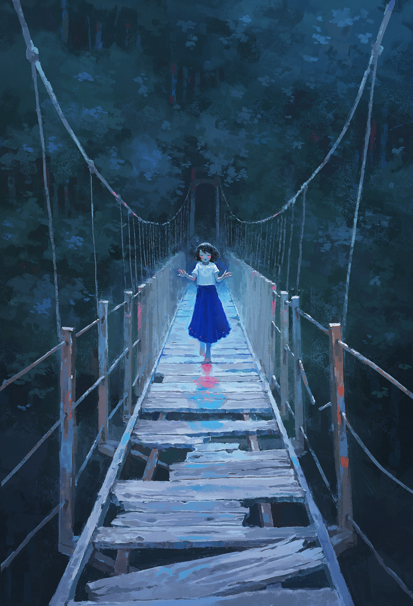 1girl black_hair blue_skirt bridge closed_eyes fjsmu highres open_mouth original outdoors shirt short_hair short_sleeves skirt solo tree walking white_shirt wooden_bridge