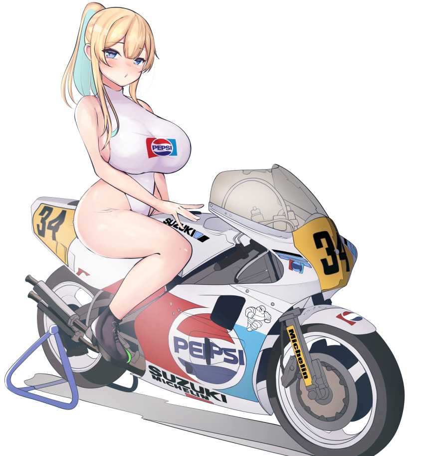 1girl absurdres bare_shoulders black_footwear blonde_hair blue_eyes blue_hair boots breasts colored_inner_hair commentary_request full_body highleg highleg_leotard highres large_breasts leotard long_hair michelin michelin_man motor_vehicle motorcycle multicolored_hair original pepsi ponytail race_queen riding simple_background sleeveless sleeveless_turtleneck sleeveless_turtleneck_leotard solo suzuki_(company) tf_cafe turtleneck turtleneck_leotard vehicle_request white_background white_leotard