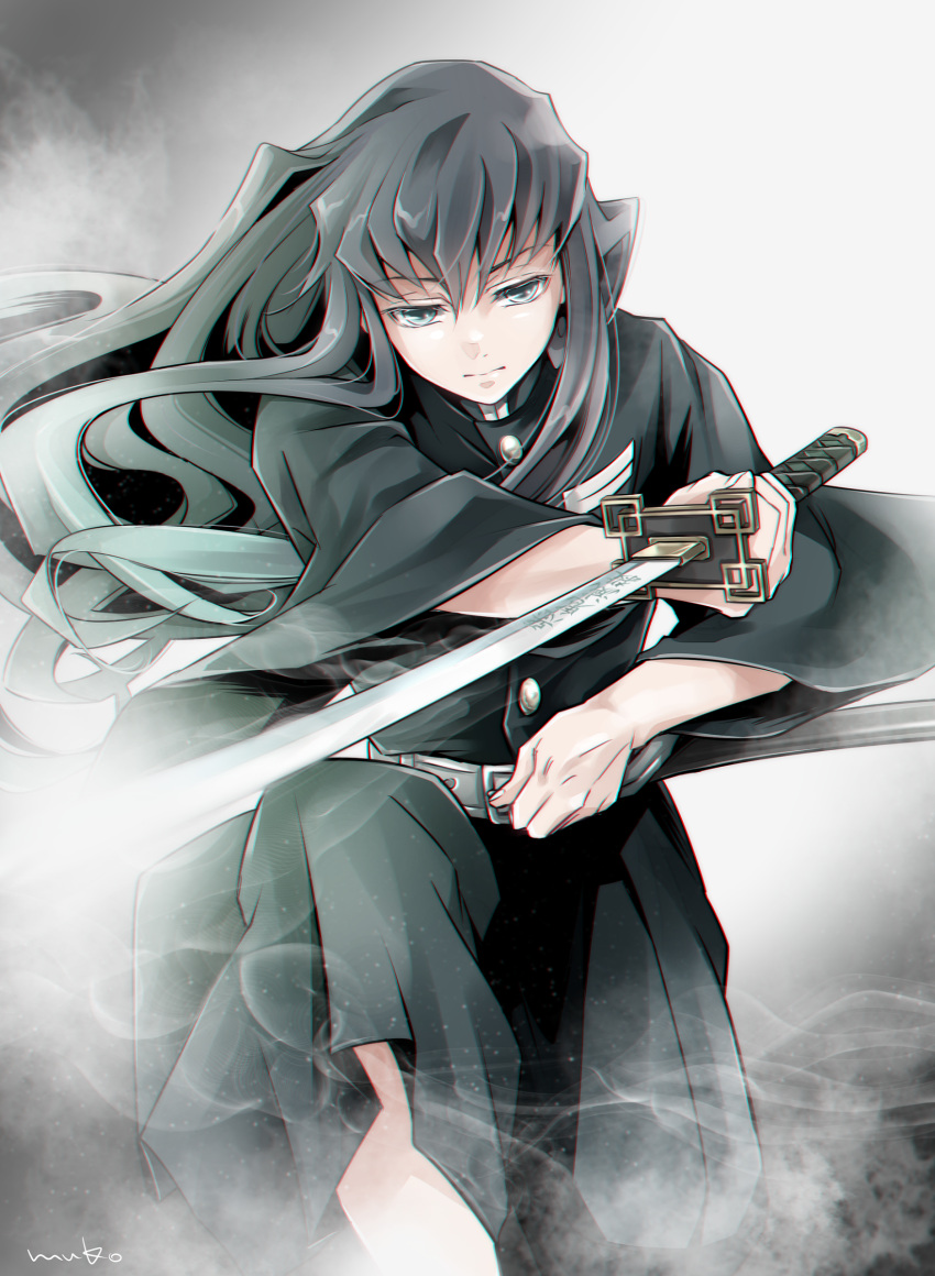 1boy absurdres belt black_hair closed_mouth demon_slayer_uniform fog highres holding holding_sword holding_weapon kimetsu_no_yaiba knee_up long_hair looking_at_viewer male_focus myukom signature solo sword tokitou_muichirou weapon