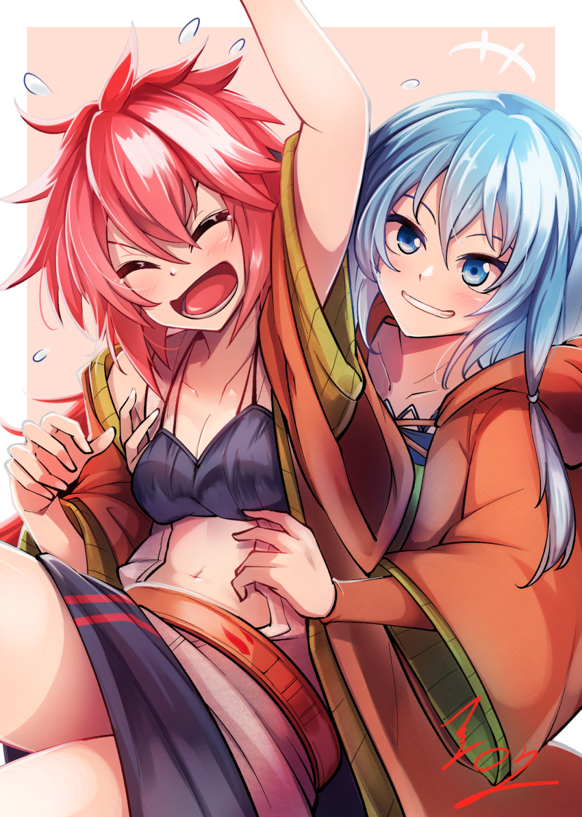 2girls arm_up ashiroku_(miracle_hinacle) blue_eyes blue_hair breasts duel_monster eria_(yu-gi-oh!) eria_the_water_charmer highres hiita_(yu-gi-oh!) hiita_the_fire_charmer laughing long_hair long_sleeves medium_breasts midriff multiple_girls navel open_mouth red_hair skirt smile tickling wide_sleeves yu-gi-oh!