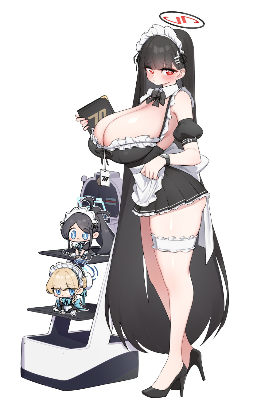 3girls :3 absurdres apron aris_(blue_archive) aris_(maid)_(blue_archive) black_bow black_bowtie black_hair blonde_hair blue_archive blue_eyes blue_ribbon blush bow bowtie breasts bright_pupils bun_cover chibi cleavage hair_bun hair_ornament hair_ribbon hairclip halo high_heels highres holding holding_menu id_card large_breasts long_hair maid maid_apron maid_headdress menu multiple_girls ponytail red_eyes ribbon rio_(blue_archive) thigh_strap toki_(blue_archive) very_long_hair watch white_pupils wristwatch yabby