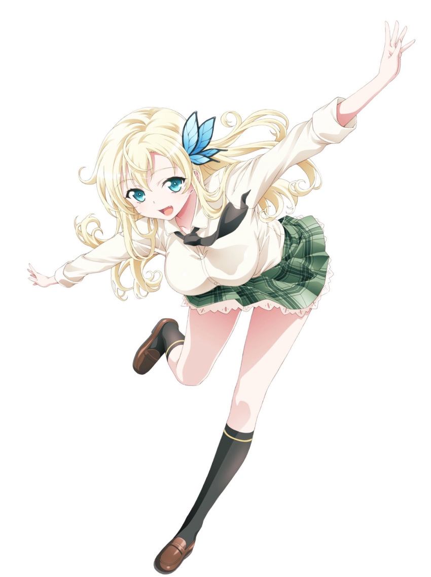 1girl aqua_eyes arms_at_sides black_necktie black_socks blonde_hair boku_wa_tomodachi_ga_sukunai breasts butterfly_hair_ornament collared_shirt fang full_body green_skirt hair_ornament highres kashiwazaki_sena kneehighs lace-trimmed_skirt lace_trim large_breasts leaning_forward loafers long_hair looking_at_viewer necktie open_mouth plaid plaid_skirt pleated_skirt school_uniform shirt shoes simple_background skirt smile socks solo st._chronica_academy_school_uniform thighs watanabe_yoshihiro white_background white_shirt