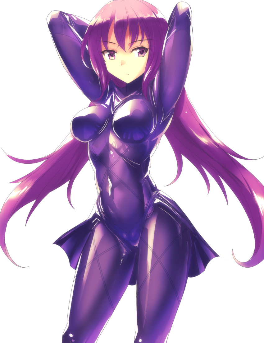 1girl arms_up bangs bodysuit breasts covered_navel fate/grand_order fate_(series) highres long_hair looking_at_viewer mono_(moiky) purple_bodysuit purple_eyes purple_hair scathach_(fate) simple_background thighs white_background