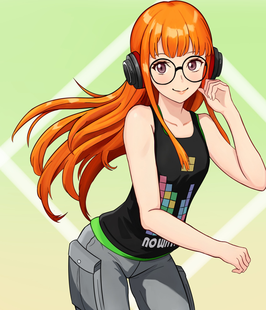 1girl absurdres bare_arms behind-the-head_headphones blunt_bangs cargo_pants closed_mouth collarbone floating_hair glasses green_background grey_pants hand_up headphones highres long_hair looking_at_viewer orange_hair pants persona persona_5 pigsir13152 print_shirt purple_eyes sakura_futaba shirt smile solo tank_top tetris