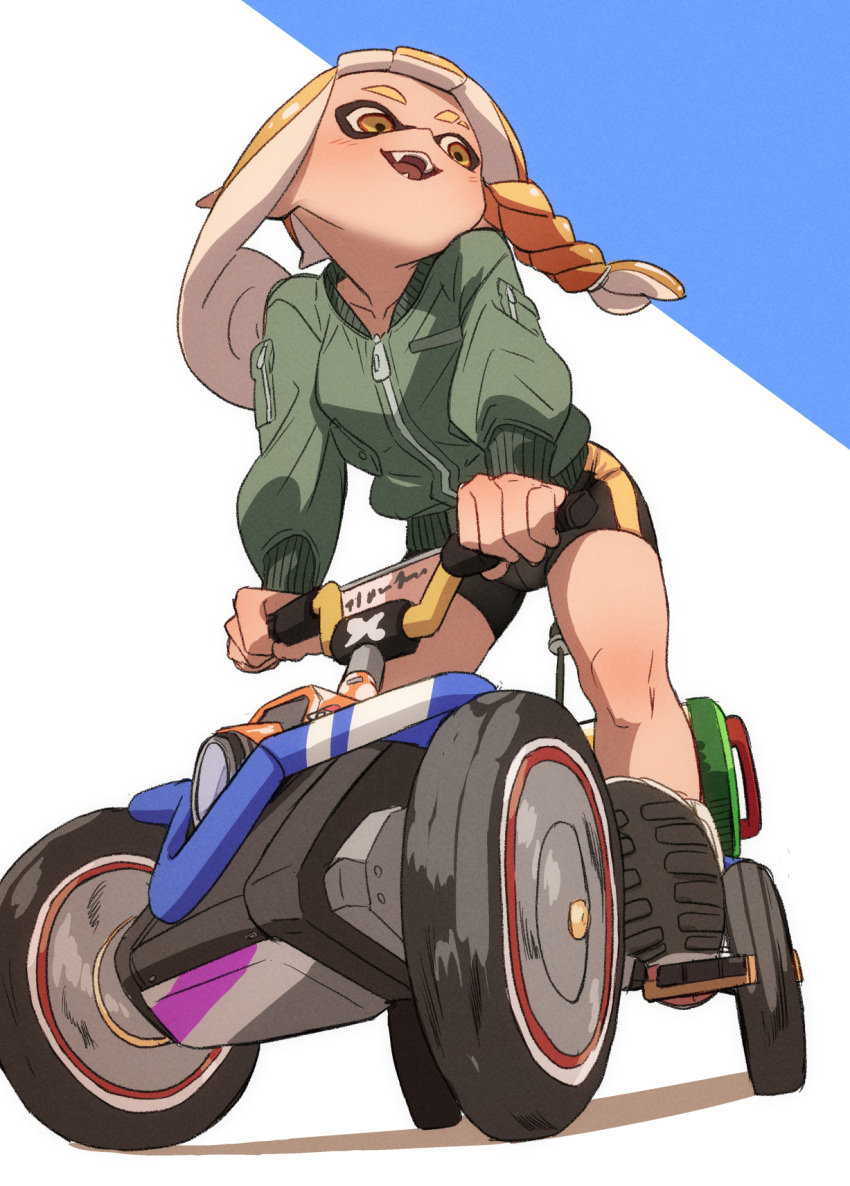 1girl bike_shorts car fangs from_below fu-ta full_body highres inkling inkling_girl jacket long_hair mario_(series) mario_kart mario_kart_8 motor_vehicle short_shorts shorts smile solo splatoon_(series) tentacle_hair zipper_pull_tab