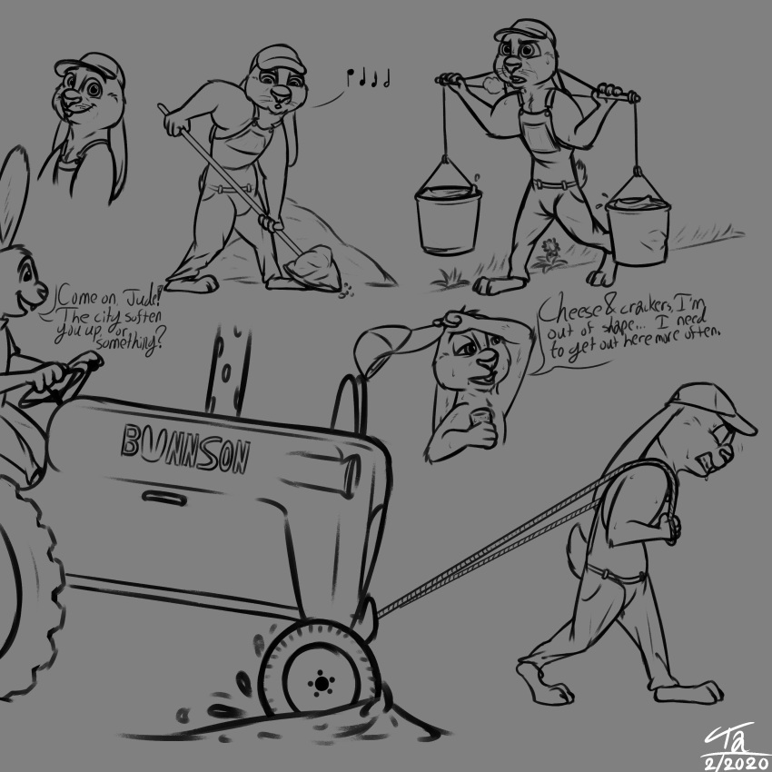 absurd_res anthro athletic bodily_fluids bucket clothed clothing container crossgender dialogue disney hat headgear headwear hi_res judy_hopps lagomorph leporid male mammal muscular muscular_male overalls rabbit solo sweat tangerine_(artist) topless tractor water zootopia