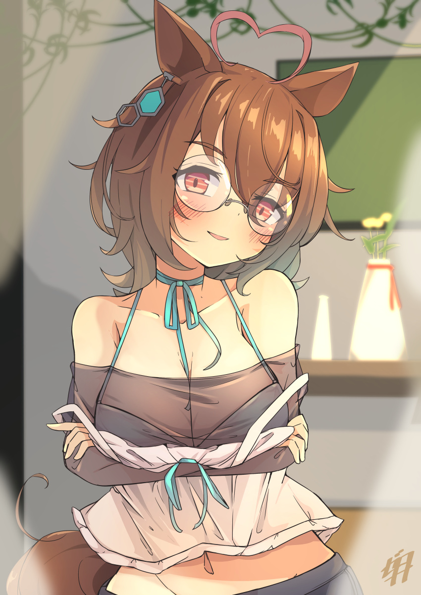 1girl absurdres agnes_tachyon_(umamusume) ahoge alternate_costume animal_ears arms_under_breasts bespectacled blue_bra blurry blurry_background blush bra breasts brown_hair chemical_structure cleavage commentary_request double_strap_slip earrings glasses hair_between_eyes heart heart_ahoge highres horse_ears horse_girl horse_tail indoors jewelry large_breasts long_sleeves looking_at_viewer midriff navel off-shoulder_shirt off_shoulder parted_lips red_eyes round_eyewear shirt short_hair signature single_earring smile solo tail umamusume underwear woruta_(soloistlist)