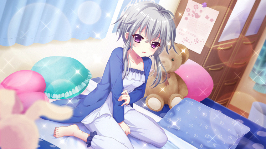 1girl bedroom between_legs blue_sweater blurry blurry_background blurry_foreground camisole chest_of_drawers clover collarbone curtains dot_nose dutch_angle film_grain floral_print four-leaf_clover game_cg grey_hair hand_between_legs hand_on_own_arm heart heart_pillow ichijou_ruka indoors izumi_tsubasu lens_flare long_sleeves looking_at_viewer non-web_source official_art on_bed open_mouth pajamas pants paper pillow plaid plaid_curtains polka_dot purple_eyes re:stage! short_hair_with_long_locks sitting solo spaghetti_strap sparkle stuffed_animal stuffed_rabbit stuffed_toy sweater teddy_bear trash_can wariza white_camisole white_pants