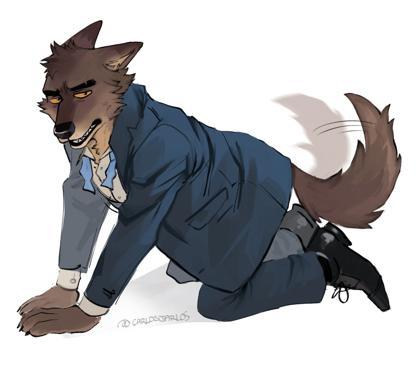 2023 absurd_res all_fours anthro blazer bottomwear brown_body brown_fur canid canine canis carlosjarlos claws clothing costume dreamworks fur hi_res looking_at_viewer male mammal mr._wolf_(the_bad_guys) pants shirt simple_background solo suit tail tail_motion tailwag the_bad_guys topwear wolf yellow_sclera