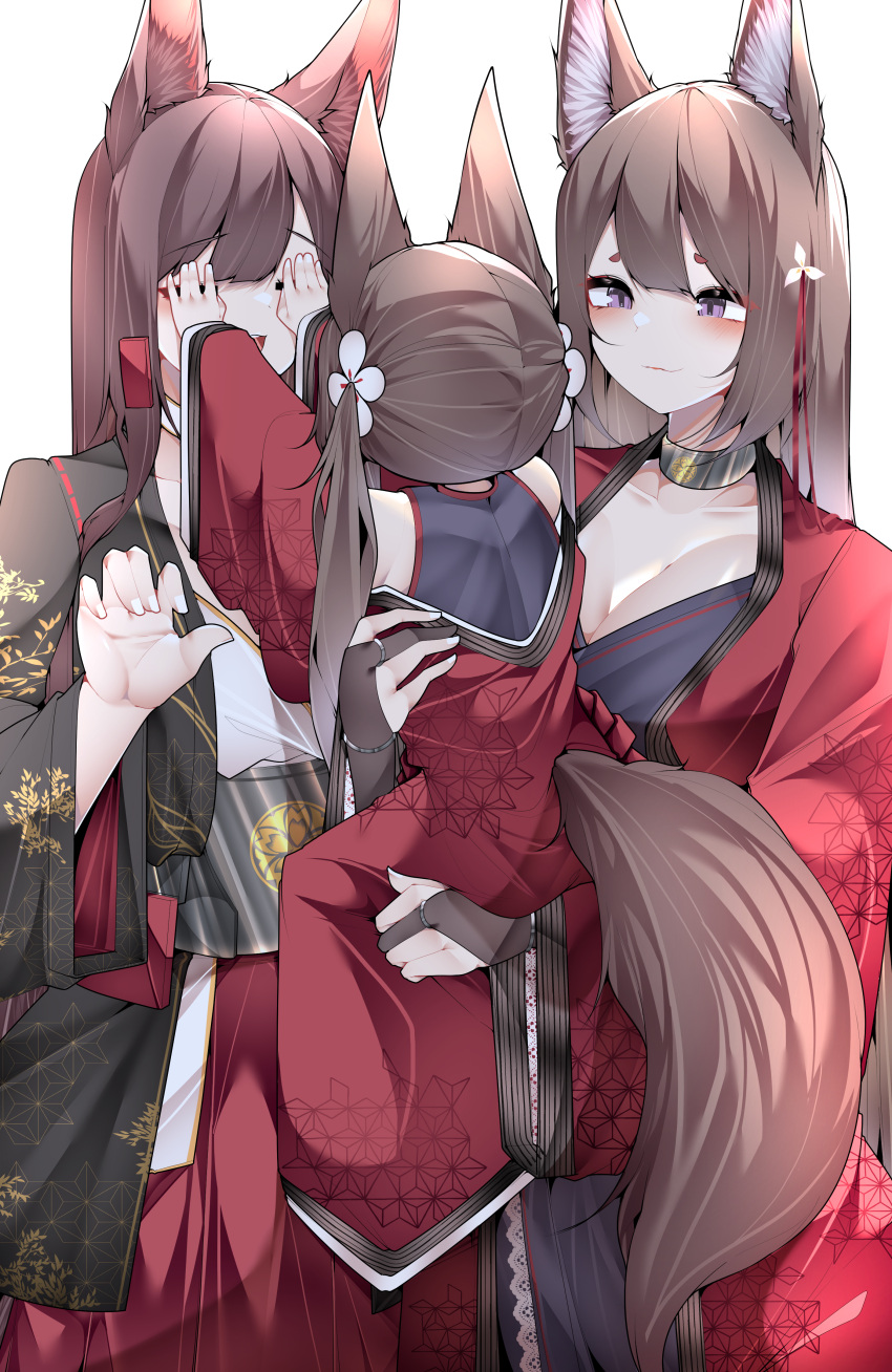 3girls absurdres age_difference aged_down akagi_(azur_lane) amagi-chan_(azur_lane) amagi_(azur_lane) animal_ears arms_up azur_lane black_kimono blush breasts bridal_gauntlets brown_hair carrying carrying_person covering_another's_eyes fox_ears fox_girl fox_tail gloves hair_ornament hand_on_another's_waist hands_on_another's_face hands_up highres japanese_clothes kimono kitsune long_hair multiple_girls print_kimono purple_eyes purple_shirt red_kimono samip shirt simple_background smile standing tail white_background wide_sleeves