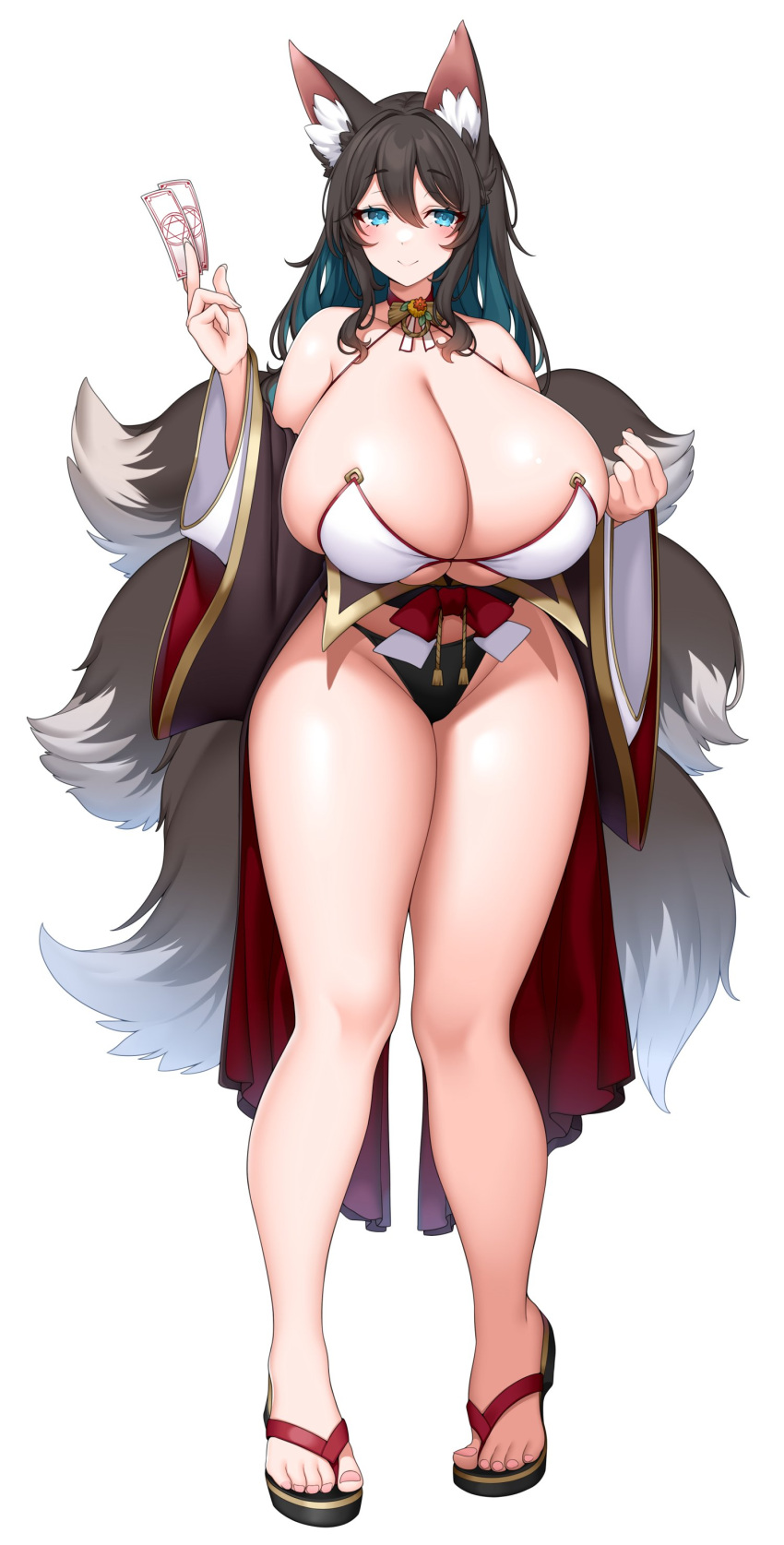 1girl absurdres animal_ears bare_legs black_hair black_panties blue_eyes blush breasts card curvy highres holding holding_card huge_breasts large_breasts legs long_hair multiple_tails original panties sandals solo standing suruga_(xsurugax) tail thick_thighs thighs underwear white_background