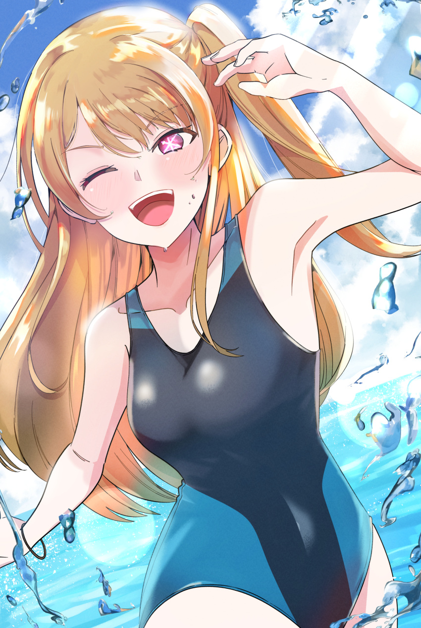 1girl ;d absurdres bare_shoulders blonde_hair blue_one-piece_swimsuit blush bracelet breasts cloud collarbone commentary competition_swimsuit covered_navel cowboy_shot day dutch_angle highres hoshino_ruby jewelry long_hair looking_at_viewer medium_breasts ocean one-piece_swimsuit one_eye_closed one_side_up open_mouth oshi_no_ko outdoors pink_eyes ryougen_(koh_y1) sidelocks sky smile solo star-shaped_pupils star_(symbol) swimsuit symbol-shaped_pupils teeth two-tone_swimsuit upper_teeth_only water
