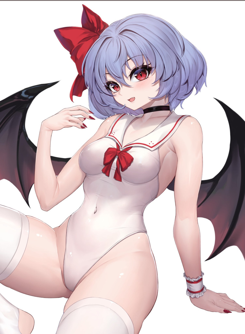 1girl armpits ascot ass ass_visible_through_thighs bat_wings blue_hair bow breasts choker collarbone hair_bow highres looking_at_viewer nail_polish navel no_headwear one-piece_swimsuit red_ascot red_bow red_eyes remilia_scarlet short_hair simple_background small_breasts socks solo sudako_(dai011305) swimsuit thighhighs thighs touhou white_background white_socks wings wrist_cuffs