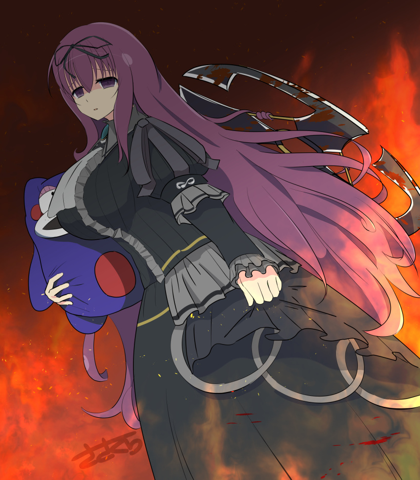 1girl bebe-tan black_dress black_ribbon blood blood_on_weapon breasts brooch dress empty_eyes fire frilled_dress frills fuuma_shuriken gold_trim hair_ribbon highres holding holding_stuffed_toy huge_breasts jewelry long_hair looking_at_viewer murasaki_(senran_kagura) prehensile_hair purple_eyes purple_hair ribbon sasakura_(jgay7435) senran_kagura shaded_face stuffed_animal stuffed_toy teddy_bear very_long_hair weapon