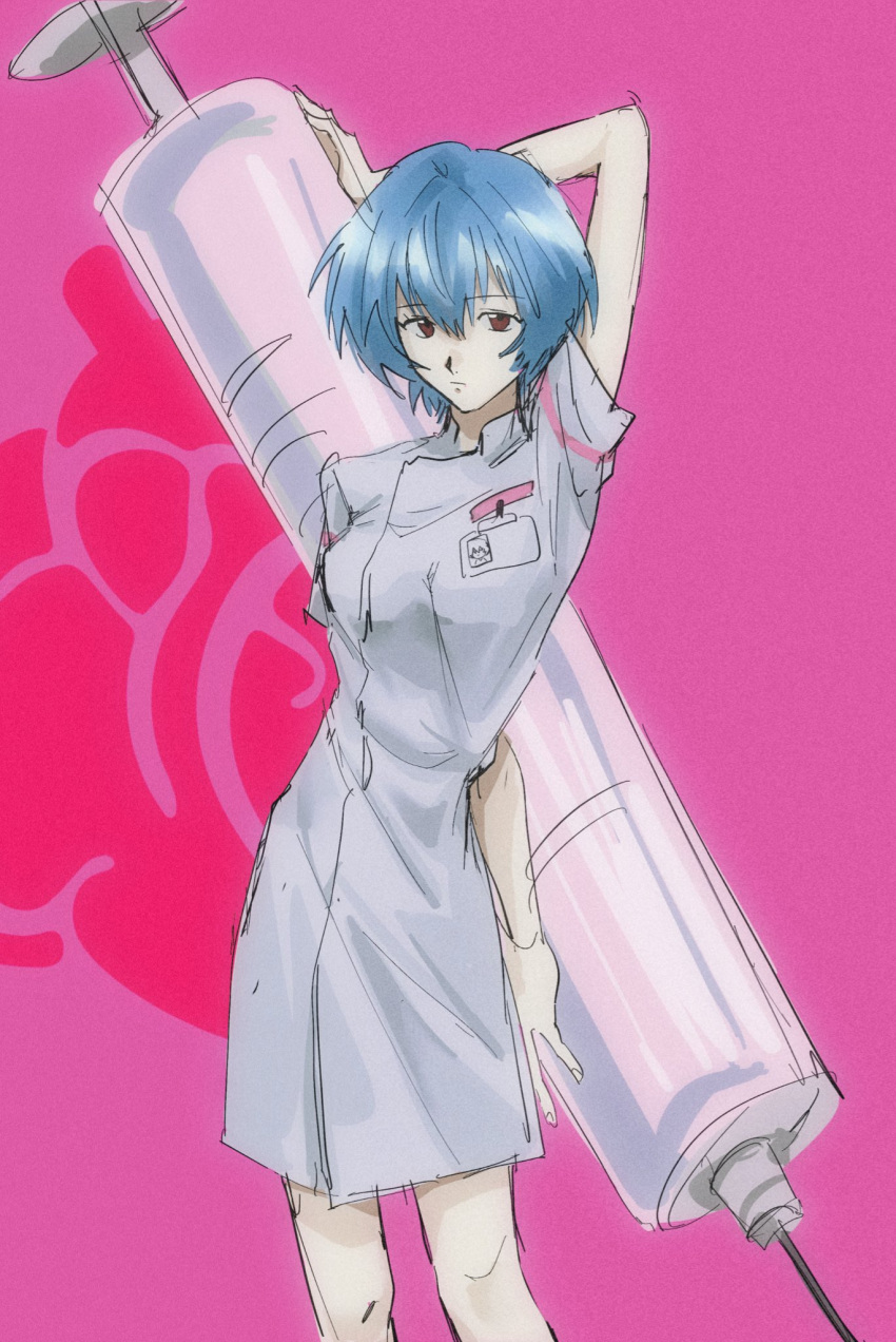 1girl ayanami_rei blue_hair breasts closed_mouth expressionless hair_between_eyes hair_ornament highres kinoko0269 neon_genesis_evangelion nurse pink_background red_eyes retro_artstyle short_hair solo syringe