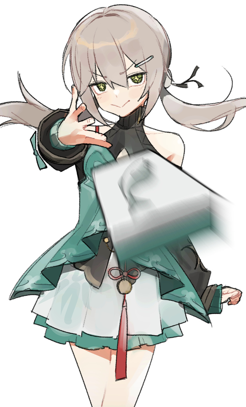 1girl absurdres bare_shoulders brown_hair china_dress chinese_clothes cowboy_shot dress eminem_throwing_a_fat_rat_(meme) green_dress green_eyes highres honkai:_star_rail honkai_(series) long_hair long_sleeves looking_at_viewer mahjong mahjong_tile meme qingque_(honkai:_star_rail) saaal653 simple_background skirt smile solo sparkling_eyes twintails white_background white_skirt