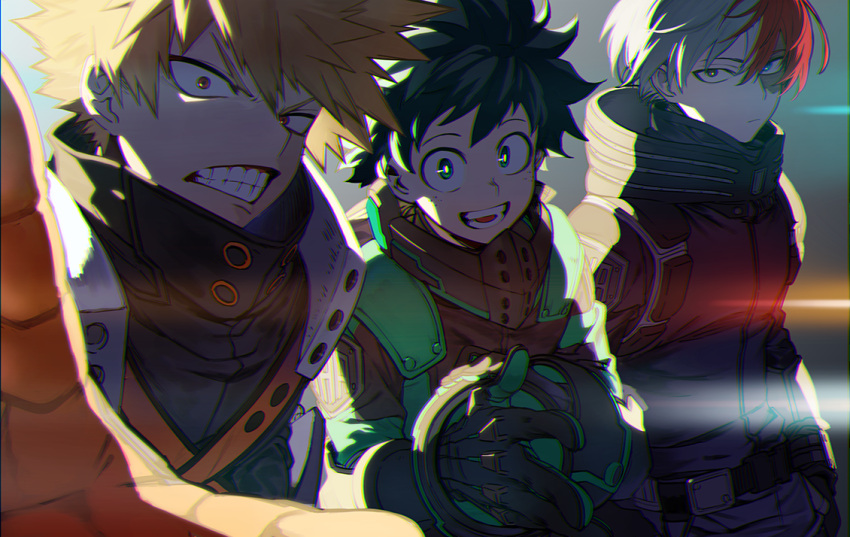 3boys :| adjusting_clothes annoyed arms_at_sides badge bakugou_katsuki belt black_belt black_bodysuit black_gloves black_pants blonde_hair blue_eyes blurry bodysuit boku_no_hero_academia bright_pupils burn_scar chromatic_aberration clenched_teeth closed_mouth commentary_request depth_of_field expressionless floating_hair freckles from_side furrowed_brow gloves green_eyes green_gloves green_hair grey_eyes hair_between_eyes hand_up happy heterochromia high_collar hood hood_down light looking_at_viewer looking_to_the_side male_focus matsuya_(pile) midoriya_izuku multicolored_hair multiple_boys official_alternate_costume open_mouth orange_gloves outstretched_arm outstretched_hand pants partial_commentary reaching reaching_towards_viewer red_eyes red_hair sanpaku scar scar_on_face short_hair sidelighting sideways_glance smile spiked_hair split-color_hair teeth todoroki_shouto tsurime two-tone_hair uneven_eyes upper_body utility_belt v-shaped_eyebrows white_hair white_pupils