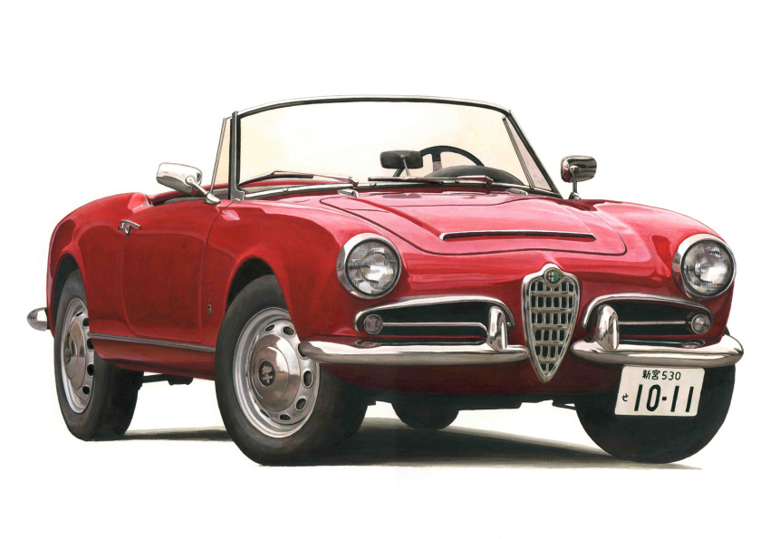 alfa_romeo alfa_romeo_giulietta alfa_romeo_giulietta_spider ape_(logo1113) car commentary convertible headlight highres left-hand_drive license_plate motor_vehicle no_humans original painting_(medium) realistic rear-view_mirror red_car shadow simple_background steering_wheel traditional_media vehicle_focus white_background