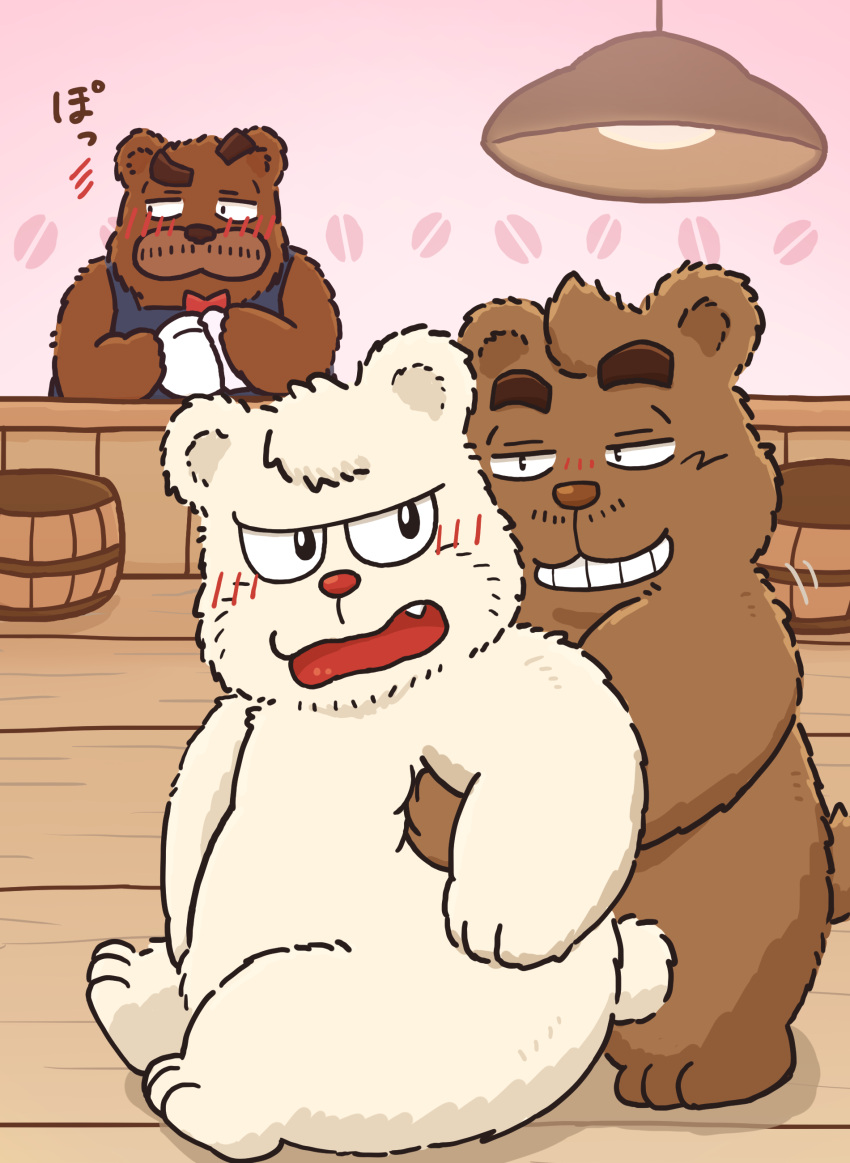 2023 absurd_res aged_up anthro apron bear blush bow_tie brown_body brown_fur clothing detailed_background drip_(kumalino) embrace fur gensuke group hi_res hug hugging_from_behind japanese_text kemono kumalino male male/male mammal roast_(kumalino) sanrio sitting slightly_chubby syrup_(kumalino) text