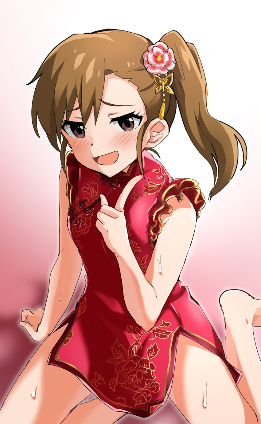 1girl absurdres arm_support bare_shoulders barefoot blush breasts brown_eyes brown_hair china_dress chinese_clothes dress floral_print flower frilled_dress frills futami_mami gradient_background hair_flower hair_ornament hand_up highres idolmaster idolmaster_(classic) idolmaster_million_live! idolmaster_million_live!_theater_days index_finger_raised koubashiifuna long_hair looking_at_viewer open_mouth pink_background pink_flower print_dress red_dress shy side_ponytail side_slit sitting small_breasts smile solo sweat yokozuwari