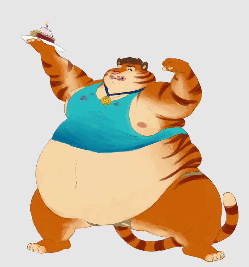 aceaximeck anthro award belly belly_overhang big_belly brown_hair chubby_cheeks claws clothed clothing dessert double_chin felid flexing food fur hair holding_food holding_object holding_pie love_handles male mammal medal moobs nipples obese obese_anthro obese_male orange_body orange_fur overweight overweight_anthro overweight_male pantherine pie smile solo standing striped_body striped_fur stripes thick_thighs tiger toe_claws torn_clothing wide_hips