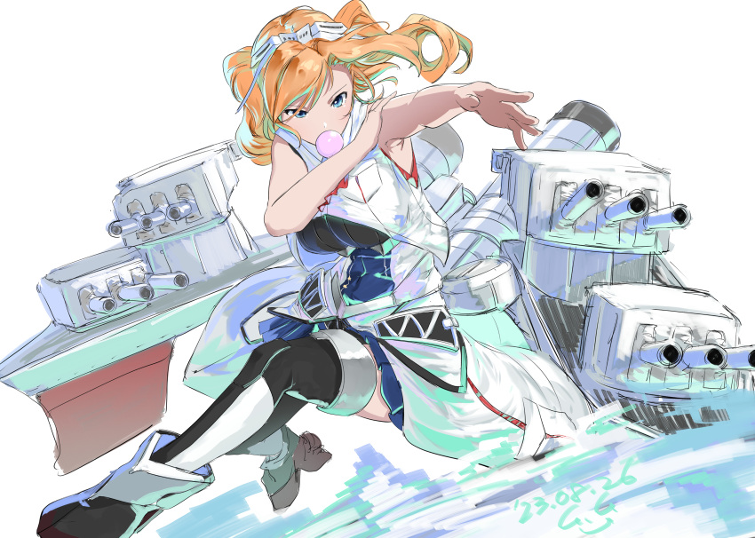 1girl blonde_hair blue_dress blue_eyes breast_pocket breasts bubble_blowing chewing_gum crop_top dress drill_hair gegeron highres honolulu_(kancolle) kantai_collection large_breasts long_hair machinery military_uniform one-hour_drawing_challenge overskirt pleated_dress pocket rudder_footwear simple_background sleeveless sleeveless_jacket solo thighhighs twin_drills twintails uniform white_background
