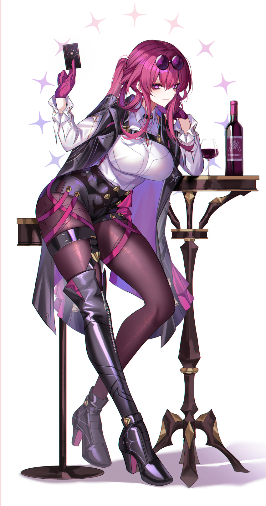 1girl absurdres alcohol ankle_boots asymmetrical_footwear black_jacket boots bottle breasts card closed_mouth collared_shirt cup drinking_glass eternity_(shadeh) eyewear_on_head full_body gloves highres holding holding_card honkai:_star_rail honkai_(series) jacket kafka_(honkai:_star_rail) large_breasts leggings long_sleeves looking_at_viewer mismatched_footwear pince-nez purple_eyes purple_gloves purple_hair purple_leggings shirt single_thighhigh smile thigh_boots thighhighs thighs white_background white_shirt wine wine_bottle wine_glass