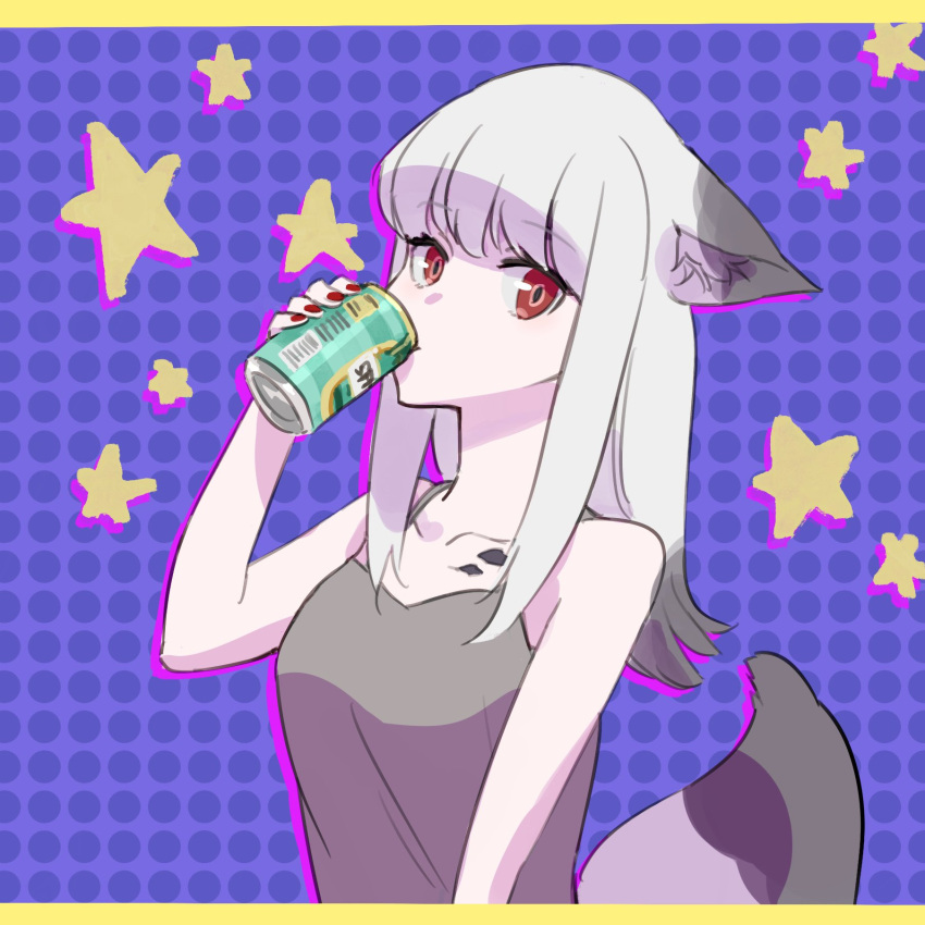 1girl animal_ears arknights bare_shoulders black_tank_top breasts can drinking e-bushi fox_ears fox_girl fox_tail frostleaf_(arknights) grey_hair highres holding holding_can long_hair looking_at_viewer nail_polish no_headwear oripathy_lesion_(arknights) purple_background red_eyes red_nails simple_background small_breasts solo tail tank_top upper_body