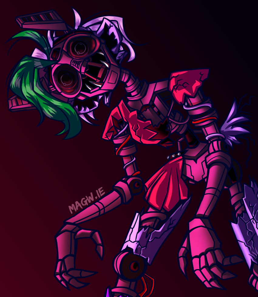 2023 animatronic anthro blind broken_clothing canid canine canis claws colored digital_media_(artwork) endoskeleton exposed_endoskeleton fangs female five_nights_at_freddy's five_nights_at_freddy's:_security_breach_ruin green_highlights hair hi_res highlights_(coloring) joints machine magw.ie mammal metallic_body robot ruined_roxanne_wolf_(fnaf) scottgames signature simple_background solo steel_wool_studios teeth white_hair wire wolf