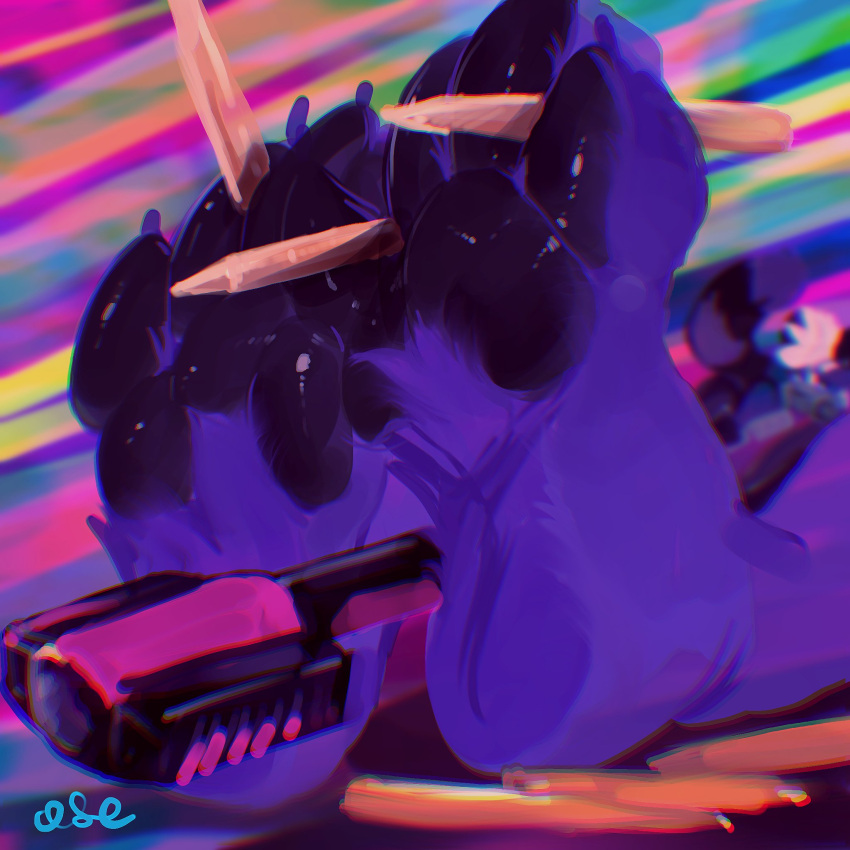 1:1 4_toes abstract_background ambiguous_gender anthro black_pawpads claws depth_of_field feet foot_focus fur gas_mask gun hair hi_res mask oselotti paw_tuft pawpads purple_body purple_claws purple_fur ranged_weapon signature solo toe_claws toes weapon wearing_mask white_hair