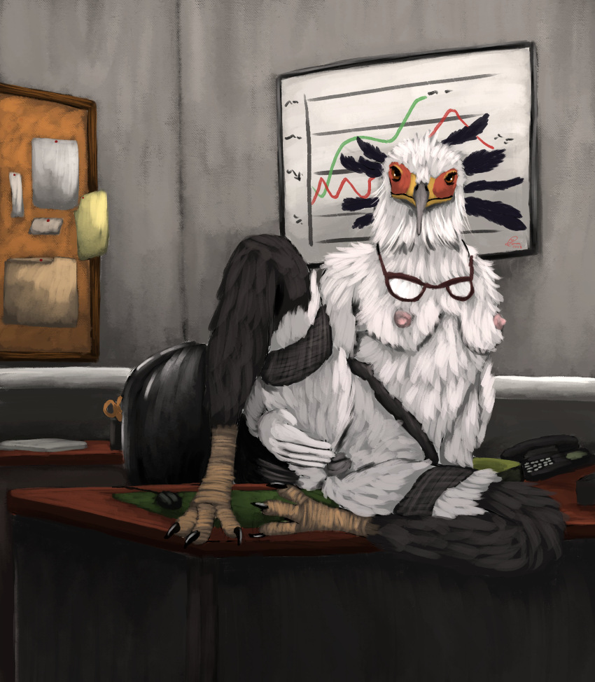 absurd_res accipitriform animal_genitalia anthro avian bird birdtember breasts chair cloaca clothing desk eyewear feathers female furniture genitals glasses hi_res lingerie nude office on_desk phone secretary_bird sitting solo table talons yenocwolf