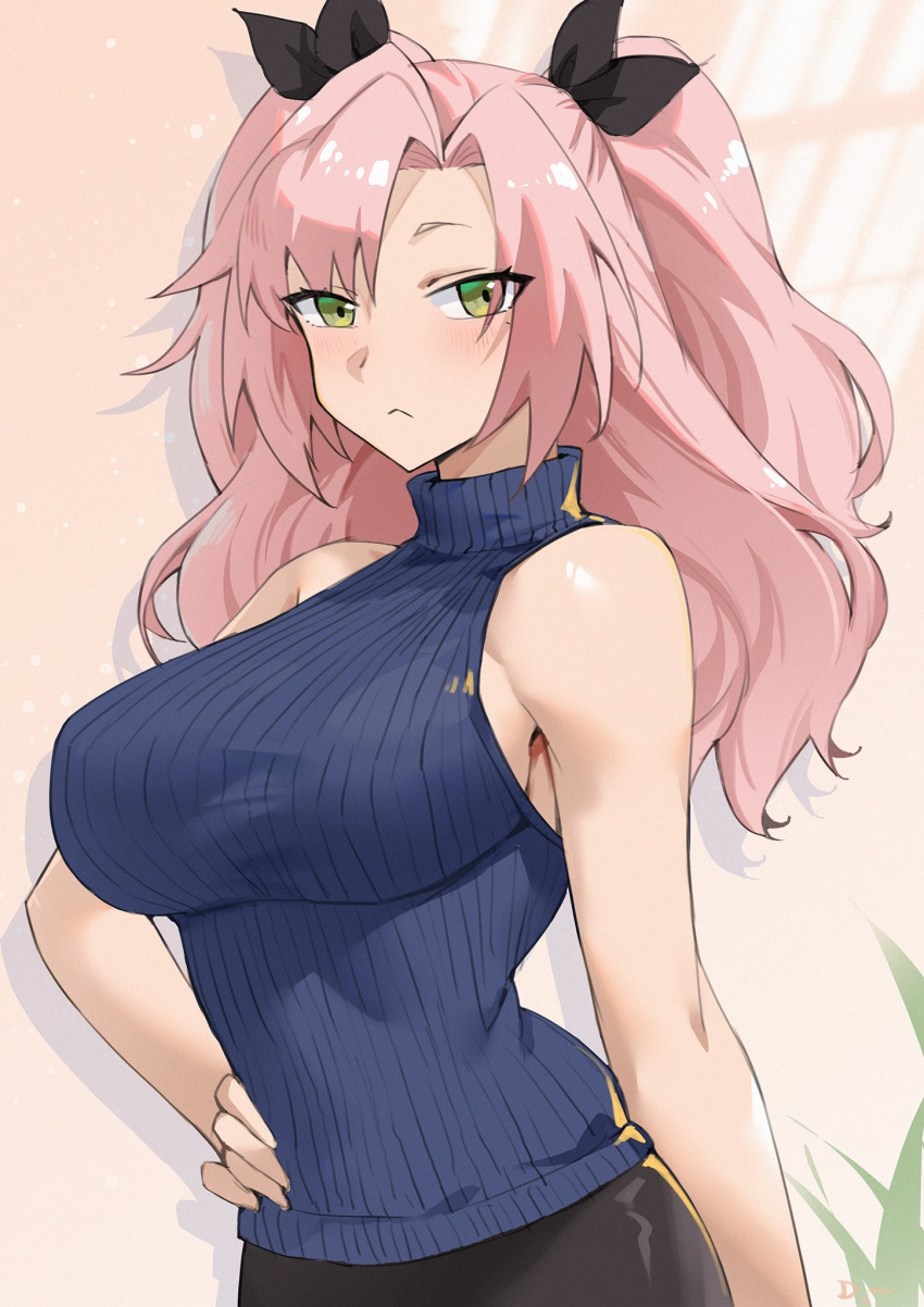 1girl :&lt; alternate_costume bare_arms bare_shoulders black_ribbon blue_sweater breasts green_eyes hair_ribbon hand_on_own_hip highres large_breasts linreplica long_hair looking_at_viewer nicole_demara pink_hair ribbon sleeveless sleeveless_turtleneck solo sweater turtleneck two_side_up upper_body very_long_hair zenless_zone_zero