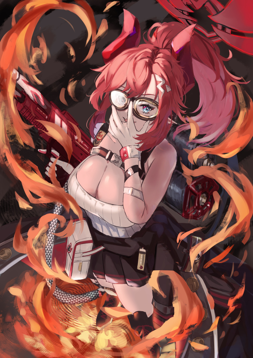 1girl absurdres blue_archive blue_eyes breasts cleavage clothes_around_waist demon_horns fire flamethrower gloves goggles haruno_chika_(haruno381) highres horns large_breasts long_hair megu_(blue_archive) pleated_skirt pointy_ears red_hair ribbed_shirt shirt skirt weapon white_gloves