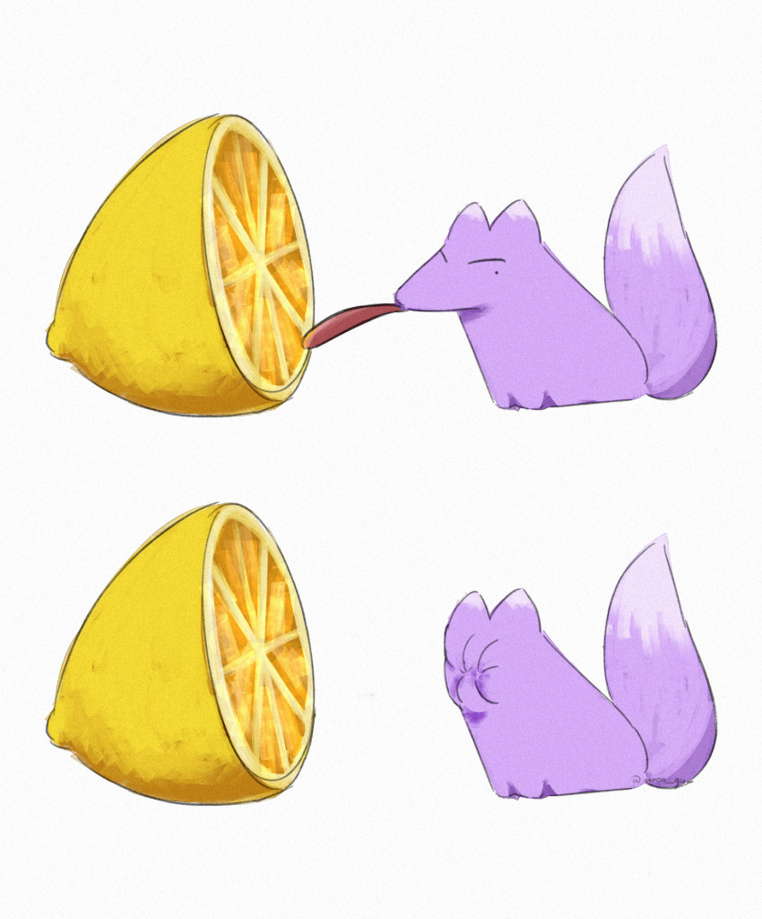 ambiguous_gender canid canine feral feralized food fox fruit fur hi_res humor kuya_(nu:_carnival) lemon licking mammal markings mole_(marking) moon-gu nu:_carnival plant purple_body purple_fur sitting solo tail tongue tongue_out