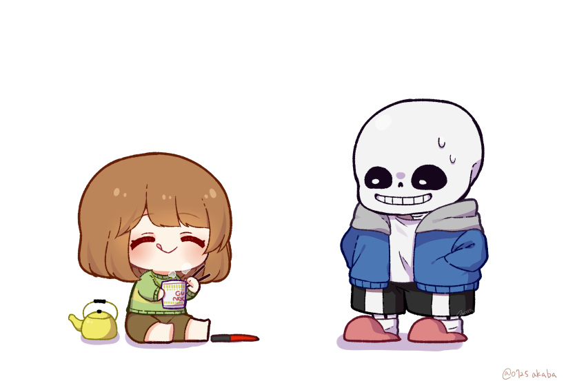 0725akaba :q ^_^ absurdres barefoot black_shorts blue_jacket brown_hair brown_shorts chara_(undertale) chibi chopsticks closed_eyes closed_mouth cup cup_noodle disposable_cup green_shirt grin highres holding holding_chopsticks holding_cup hood hood_down hooded_jacket jacket kettle long_sleeves open_clothes open_jacket red_footwear sans shadow shirt shorts simple_background sitting slippers smile socks sweat tongue tongue_out twitter_username undertale white_background white_shirt white_socks