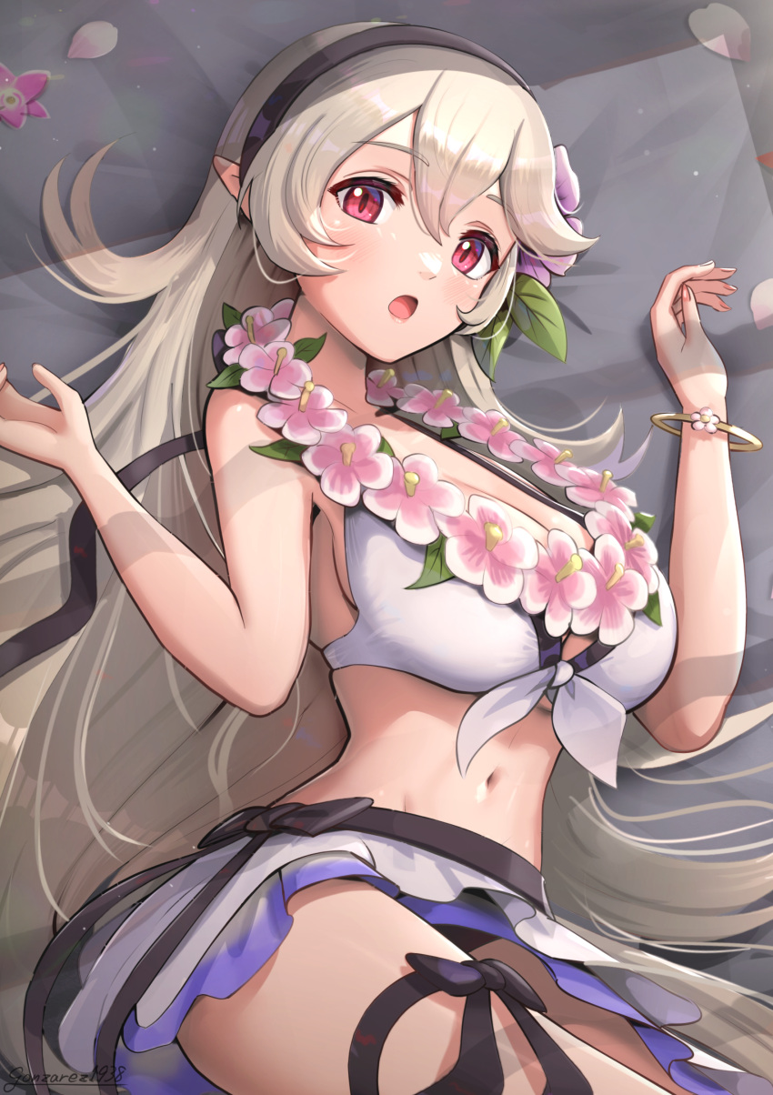 1girl absurdres bikini breasts corrin_(female)_(fire_emblem) corrin_(female)_(summer)_(fire_emblem) corrin_(fire_emblem) fire_emblem fire_emblem_fates fire_emblem_heroes flower flower_necklace gonzarez grey_hair hair_flower hair_ornament highres lei long_hair looking_at_viewer lying medium_breasts navel official_alternate_costume on_back open_mouth pointy_ears red_eyes solo swimsuit white_bikini