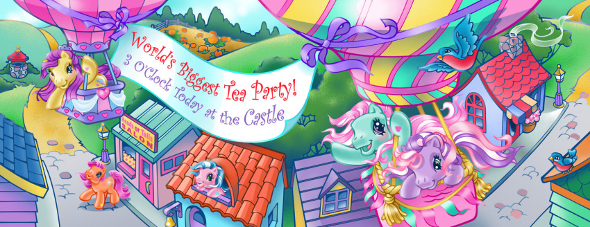 aircraft balloon banner building detailed_background earth_pony equid equine female feral group hasbro hill horse hot_air_balloon house inflatable lyn_fletcher mammal merriweather_(mlp) minty_(mlp) mlp_g3 my_little_pony official_art outside pony smile sparkleworks_(mlp) street sweet_breeze town well wysteria_(mlp)