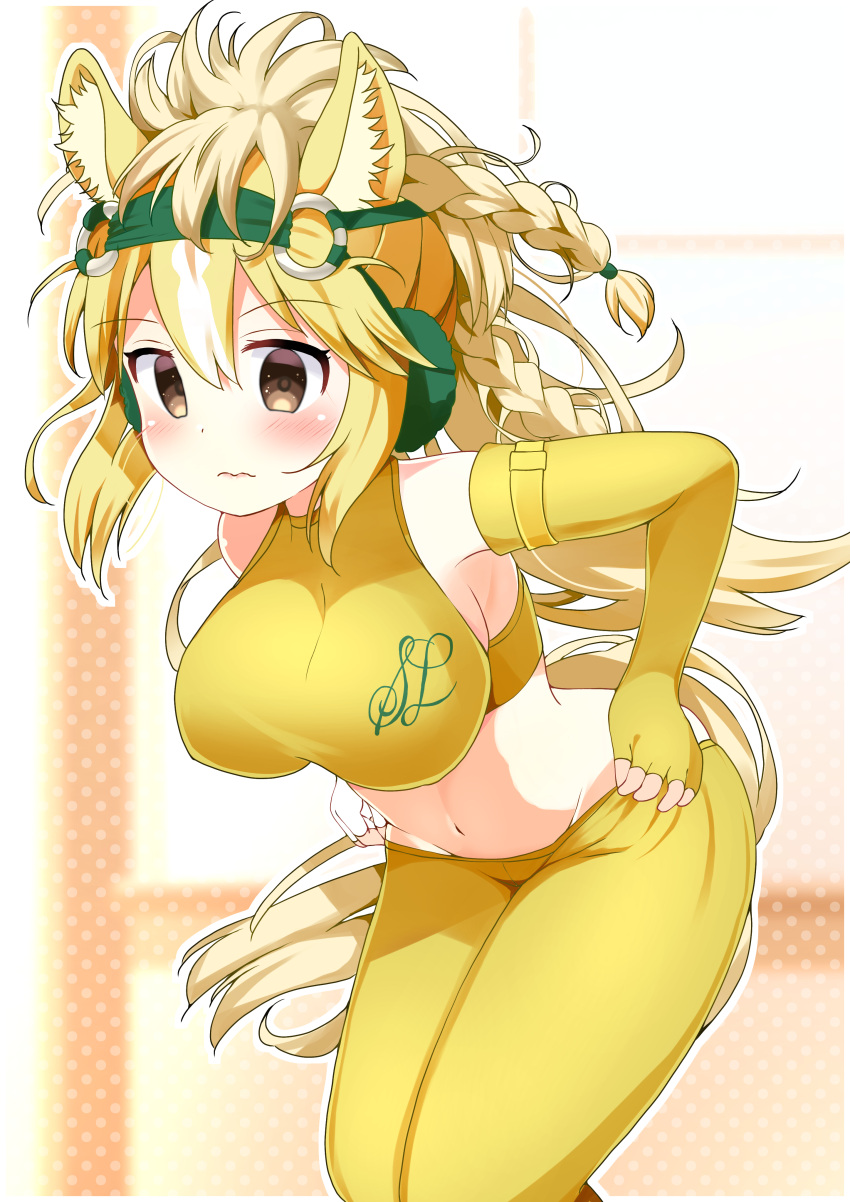 1girl absurdres animal_ears blonde_hair blush breasts brown_eyes closed_mouth elbow_gloves fingerless_gloves gloves highres horse_ears horse_girl horse_tail kemono_friends large_breasts long_hair looking_at_viewer navel original pants shiratsuki_(cpmk8242) sideboob solo sports_bra tail yellow_pants yellow_sports_bra