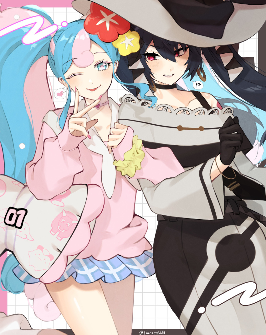 !? 2girls absurdres black_choker black_gloves blue_eyes blue_hair blue_skirt blush bow bracelet choker commentary_request curly_hair dark_miku_(project_voltage) dress earrings fairy_miku_(project_voltage) flower gloves hair_flower hair_ornament hand_up hat hat_bow hatsune_miku heart heart_choker highres ikanoashi53 jewelry locked_arms long_hair long_sleeves looking_at_another looking_at_viewer miniskirt multicolored_hair multiple_girls nail_polish neckerchief one_eye_closed open_mouth pink_choker pink_hair pink_nails pink_sweater plaid plaid_skirt pokemon project_voltage red_eyes red_flower scrunchie sidelocks skirt smile speech_bubble standing standing_on_one_leg sweater tongue tongue_out twintails two-tone_hair very_long_hair vocaloid white_bag white_dress white_headwear white_neckerchief wrist_scrunchie yellow_flower yellow_scrunchie