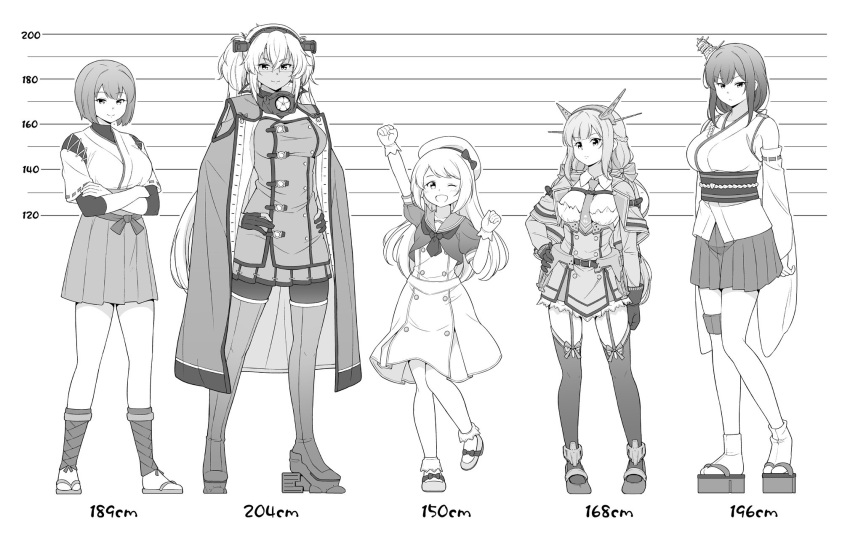 5girls between_breasts braid breasts capelet coat coat_on_shoulders collar dark-skinned_female dark_skin detached_sleeves dress garter_straps glasses gloves greyscale hair_ornament hakama hakama_skirt hat headgear height_chart height_difference highres hyuuga_(kancolle) japanese_clothes jervis_(kancolle) kantai_collection long_hair low_twintails maryland_(kancolle) metal_collar monochrome multiple_girls musashi_(kancolle) musashi_kai_ni_(kancolle) necktie necktie_between_breasts nontraditional_miko one_eye_closed partially_fingerless_gloves pleated_dress puffy_short_sleeves puffy_sleeves rectangular_eyewear sailor_dress sailor_hat sakuramon short_hair short_sleeves side_braids skirt tenshin_amaguri_(inobeeto) thighhighs twintails undershirt very_long_hair wide_sleeves yamashiro_(kancolle)